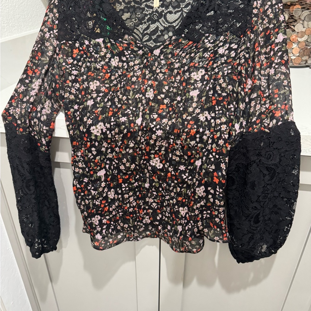 Rebecca Taylor Floral Lace Blouse Black Sheer Boho Romantic Long Sleeve Top